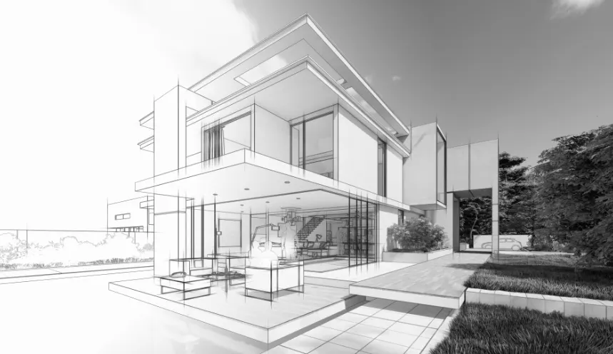 Rendering di una villa moderna con grandi vetrate