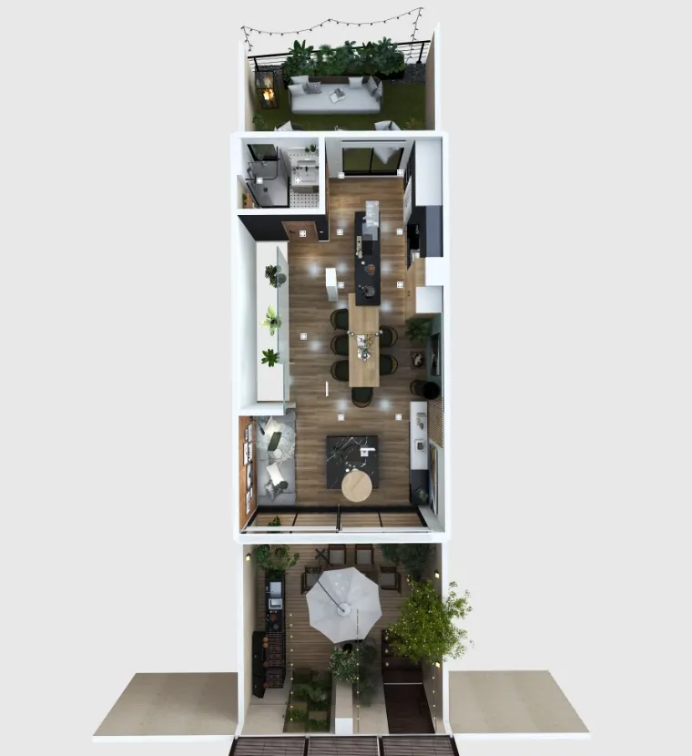 Vista dall'alto di un appartamento arredato, con soggiorno e terrazzo