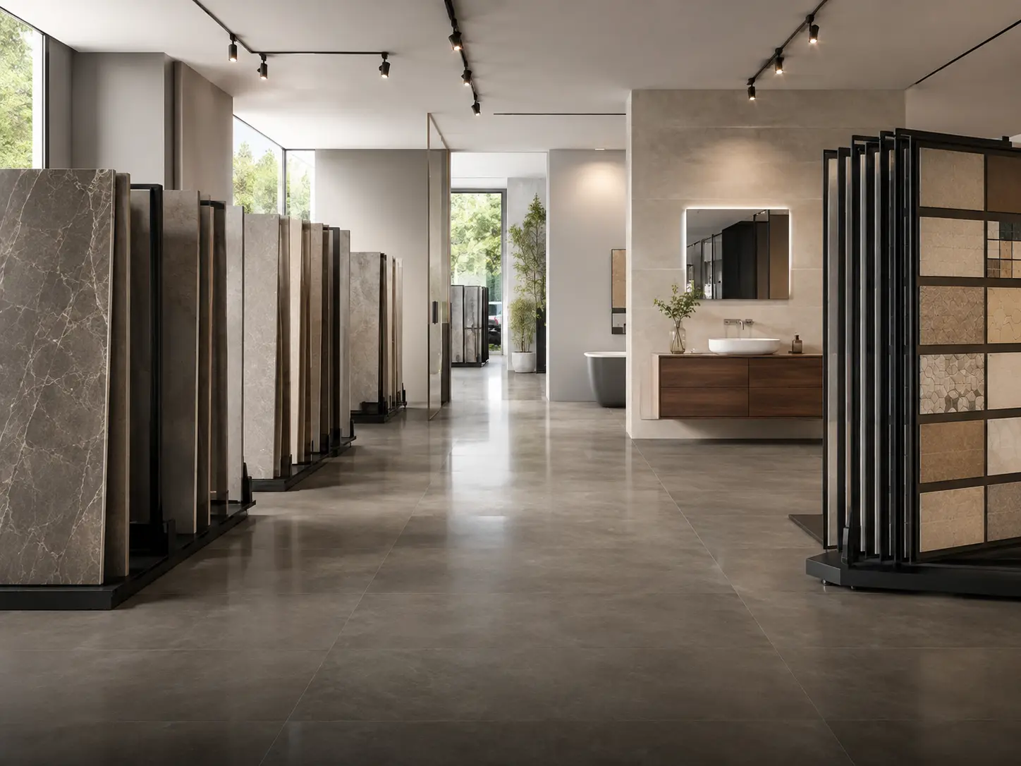 Showroom luminoso con grandi lastre di gres, campioni di rivestimenti e mobile bagno con lavabo.